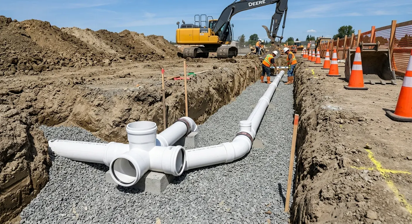 New PVC sewer pipe installation in open trench for Sewer Backup in Halfway