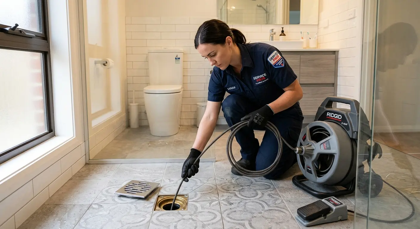 Technician clearing a bathroom floor drain for Drain Cleaning in Halfway